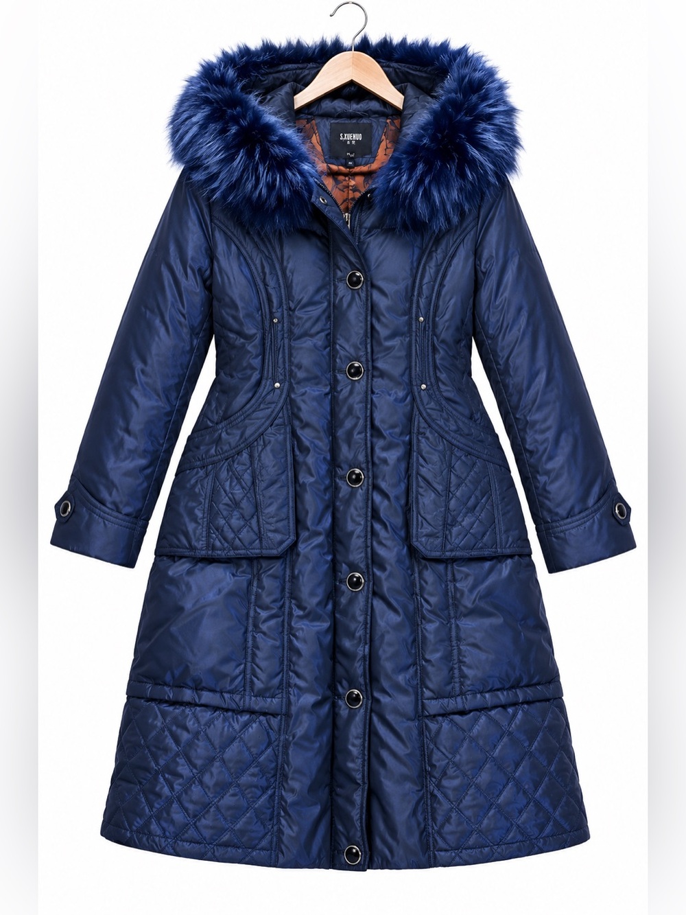 Women's Navy Quilted Long Coat with Faux Fur Hood
